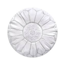 Artisanal Moroccan Leather Pouffe - Handmade Delivered Stuffed Ottoman, Footstool, Floor Cushion - White