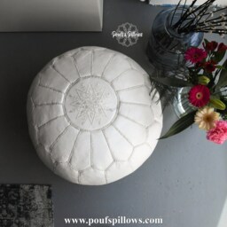 Artisanal Moroccan Leather Pouffe - Handmade Delivered Stuffed Ottoman, Footstool, Floor Cushion - White - thumbnail 3