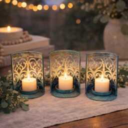 Set Of 3 Rustic Metal Candle Holders Distressed Blue Farmhouse Lanterns, Cutout Table Decor - thumbnail 2