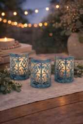 Set Of 3 Rustic Metal Candle Holders Distressed Blue Farmhouse Lanterns, Cutout Table Decor