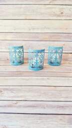 Set Of 3 Rustic Metal Candle Holders Distressed Blue Farmhouse Lanterns, Cutout Table Decor - thumbnail 3