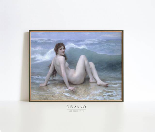 Sea Nymph Art Print, The Wave Canvas, French Wall Decor, Rococo Art, Seascape Poster, Classic Female Figure Painting, Bathroom Decor - image 1