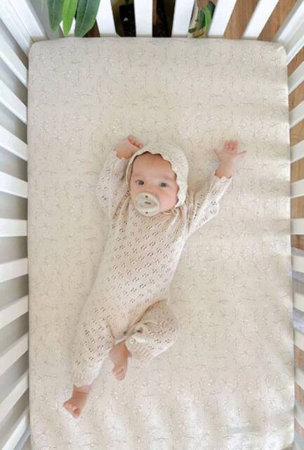 Organic Beige Mini Crib Sheet Babyletto, Farmhouse Small Flower Buds Bedding - image 1