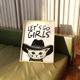 Let's Go Girls Cowgirl Cat Print - Hat, Western The Old West Cowboy Howdy Rodeo, Funky Trendy Cool Wall Art Poster, Retro 90S - thumbnail 2