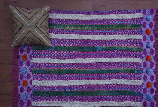 Hand Block Printed Rug, 46x62 Inch, Pink Woven Dhurie, Bohemian Flatweave Indigo Rug For Home Decor Cp-04 - image 1
