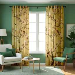 Golden Chinoiserie Curtains With Birds & Magnolia Flowers, Elegant Botanical Drapes, Made To Measure Window Panels, Rod Pocket - thumbnail 1