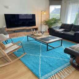 Sky Blue & Cream Diamond Grid Moroccan Kilim - Handmade Flatweave Wool Rug Bright Large Area Custom - thumbnail 4