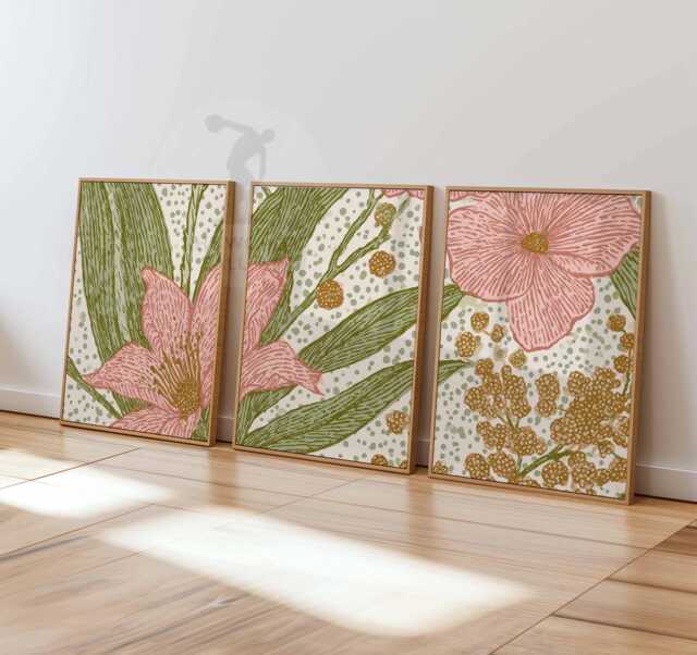 Modern Abstract Floral Wall Art Set Of 3, Pink & Mustard Botanical Prints, Contemporary Minimalist Flower Art, Bold Scandinavian Decor - image 1