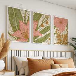 Modern Abstract Floral Wall Art Set Of 3, Pink & Mustard Botanical Prints, Contemporary Minimalist Flower Art, Bold Scandinavian Decor - thumbnail 2