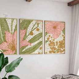 Modern Abstract Floral Wall Art Set Of 3, Pink & Mustard Botanical Prints, Contemporary Minimalist Flower Art, Bold Scandinavian Decor - thumbnail 3