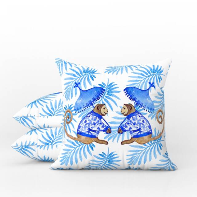 Outdoor Pillows - Weatherproof Garden Cushions Borneo Chinoiserie Monkey Palm Blue Tropical Maximalist Style Asian Jungle Decor - image 1
