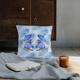 Outdoor Pillows - Weatherproof Garden Cushions Borneo Chinoiserie Monkey Palm Blue Tropical Maximalist Style Asian Jungle Decor - thumbnail 2