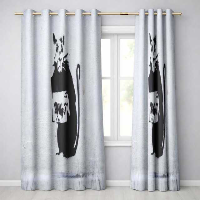 Black Rat Holding Sign Minimal Urban Stencil Bold Striking Artwork For Home Decor Readymade Eyelet Ring Top Thermal 100% Blackout Curtains - image 1