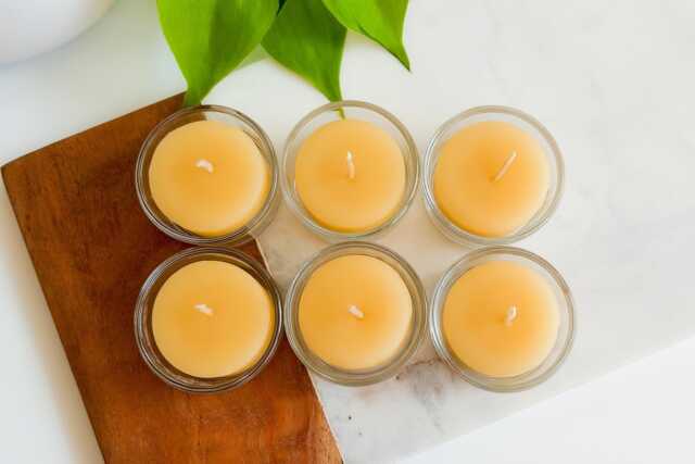 Set Of 6 Pure Beeswax Tea Light Candles in Glass Votives, Handmade Lights, Hand Poured Nontoxic Tabletop Decor, Cotton Wick - image 1