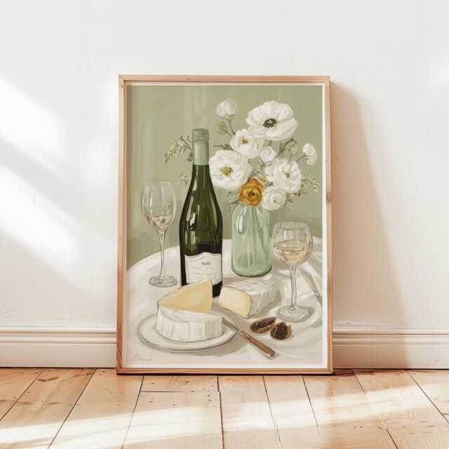 Wine & Cheese Poster, French Kitchen Wall Art, Still Life Print With Brie White Wine, Elegant Dining Room Food Art - image 1
