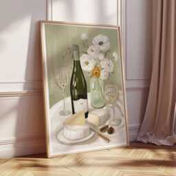 Wine & Cheese Poster, French Kitchen Wall Art, Still Life Print With Brie White Wine, Elegant Dining Room Food Art - thumbnail 2