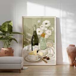 Wine & Cheese Poster, French Kitchen Wall Art, Still Life Print With Brie White Wine, Elegant Dining Room Food Art - thumbnail 3