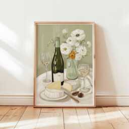 Wine & Cheese Poster, French Kitchen Wall Art, Still Life Print With Brie White Wine, Elegant Dining Room Food Art - thumbnail 1