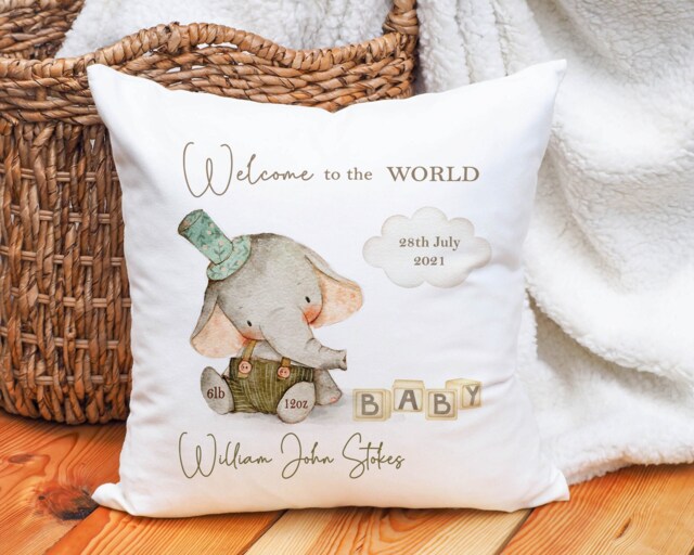Personalised New Baby Cushion, Gift, Elephant Welcome To The World - image 1