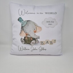 Personalised New Baby Cushion, Gift, Elephant Welcome To The World - thumbnail 2