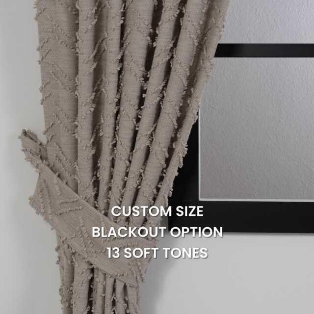 Fluffy Beige Curtain Panel Zig Zag Pom Chevron Drapes - image 1