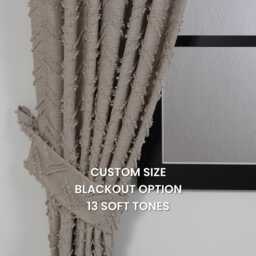 Fluffy Beige Curtain Panel Zig Zag Pom Chevron Drapes - thumbnail 1