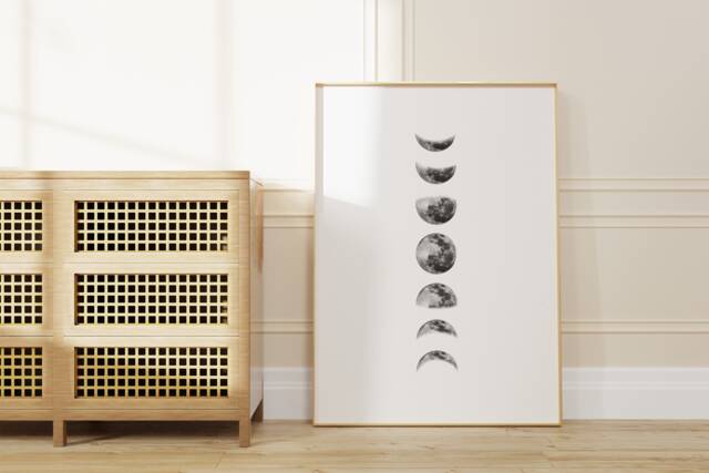 Moon Phases Print - Monochrome Black & White Bedroom Prints Decor Lunar Wall Art Chart Celestial La Lune - image 1