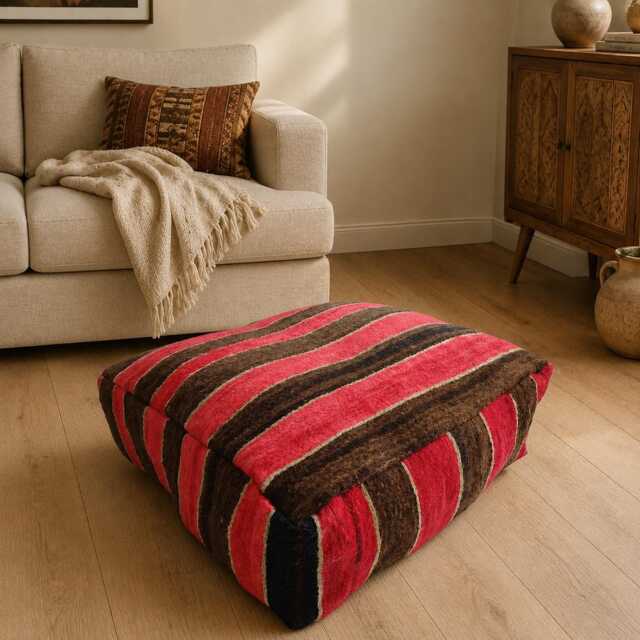 Handmade Moroccan Kilim Pouf, Multicoloured Floor Ottoman Cover, Authentic Berber Cushion, Vibrant Tribal Home Decor 60x60x20 cm - image 1