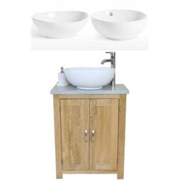 Solid Oak Bathroom Vanity Unit - Slimline Cabinet Grey Quartz Worktop Ceramic Basin Choice 310Gqcbc - thumbnail 2