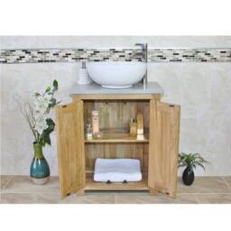 Solid Oak Bathroom Vanity Unit - Slimline Cabinet Grey Quartz Worktop Ceramic Basin Choice 310Gqcbc - thumbnail 3