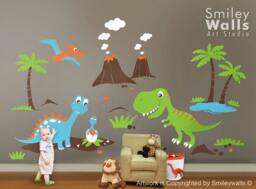 Dinosaurs Wall Decal, Dino Land Huge Set Baby Nursery Kids Playroom Vinyl Decal Sticker Decor