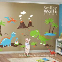 Dinosaurs Wall Decal, Dino Land Huge Set Baby Nursery Kids Playroom Vinyl Decal Sticker Decor - thumbnail 3