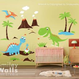 Dinosaurs Wall Decal, Dino Land Huge Set Baby Nursery Kids Playroom Vinyl Decal Sticker Decor - thumbnail 2