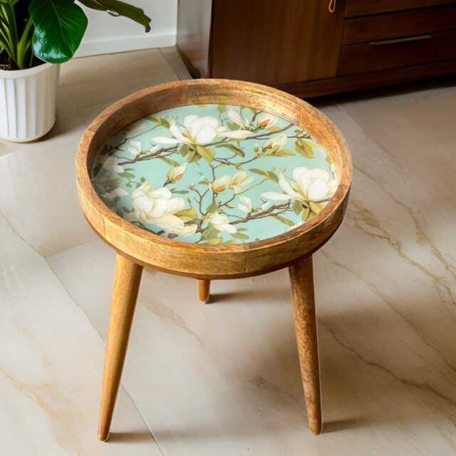 Handcrafted Mango Wood Side Table Snowbell Enamel Floral Print - image 1