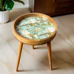 Handcrafted Mango Wood Side Table Snowbell Enamel Floral Print - thumbnail 1
