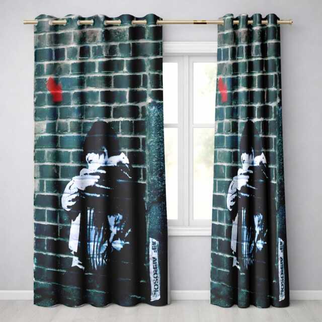 Young Couple Embracing On Teal Brick Wall Stencil Art Elegant Home Decor Readymade Eyelet Ring Top Thermal 100% Blackout Curtains - image 1