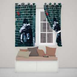 Young Couple Embracing On Teal Brick Wall Stencil Art Elegant Home Decor Readymade Eyelet Ring Top Thermal 100% Blackout Curtains - thumbnail 2