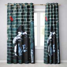 Young Couple Embracing On Teal Brick Wall Stencil Art Elegant Home Decor Readymade Eyelet Ring Top Thermal 100% Blackout Curtains - thumbnail 1