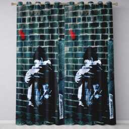 Young Couple Embracing On Teal Brick Wall Stencil Art Elegant Home Decor Readymade Eyelet Ring Top Thermal 100% Blackout Curtains - thumbnail 3