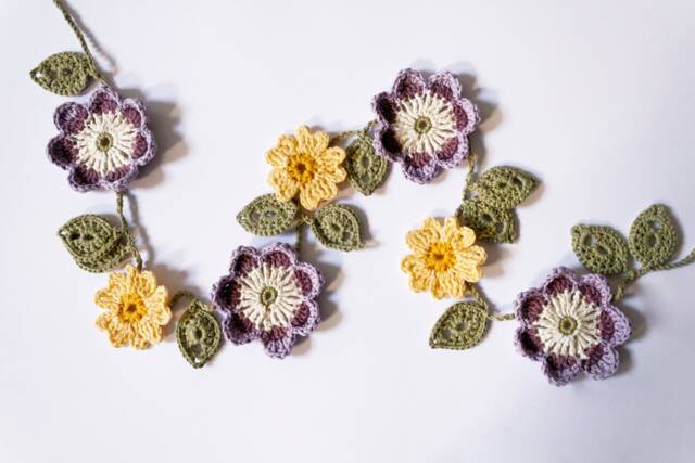 Crochet Primrose Auricula Flowers With Leaves Wall Hanging Bunting Nature Decoration Spring Summer Garland Easter/Mother's Day Present Gift - image 1