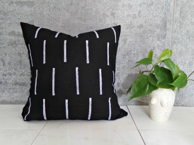 Black Pillow Cover With White Line Design/Block Printed Geometric Natural Linen Minimalist Design Decorative Throw Cushion Mudcloth Inspired - image 1