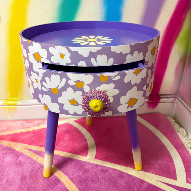 Lilac Daisy Circular Bed Side Table With Inbuilt Drawer & Flower Stencil On Top , Built in Wooden - image 1