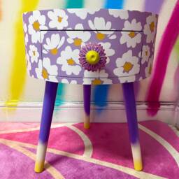 Lilac Daisy Circular Bed Side Table With Inbuilt Drawer & Flower Stencil On Top , Built in Wooden - thumbnail 2