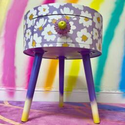 Lilac Daisy Circular Bed Side Table With Inbuilt Drawer & Flower Stencil On Top , Built in Wooden - thumbnail 3