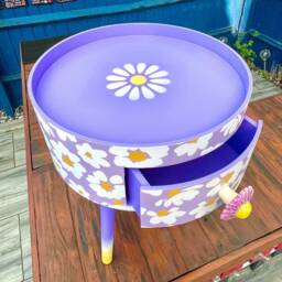 Lilac Daisy Circular Bed Side Table With Inbuilt Drawer & Flower Stencil On Top , Built in Wooden - thumbnail 4