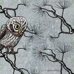 Hand-Drawn Owl Art Print - Cozy Winter Woodland Wall Art, Gray Bird Illustration - thumbnail 2