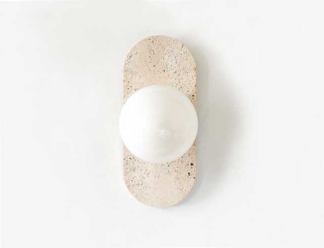 Travertine Stone & Opal Glass Globe Shade Sconce Light Flush Mount Fixture Mud Room Wall Bathroom - image 1