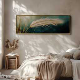 Grass Oil Painting Large Wide Horizontal Wall Art Framed Canvas, Minimal Above Bed Decor, Living Room Art, Narrow - H0193 - thumbnail 3