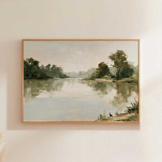 Forest Lake Poster, Green Landscape Wall Art, Water Reflection Print - image 1
