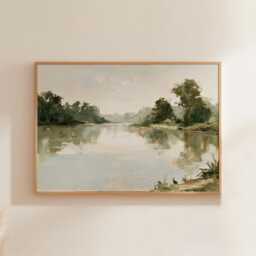 Forest Lake Poster, Green Landscape Wall Art, Water Reflection Print - thumbnail 1